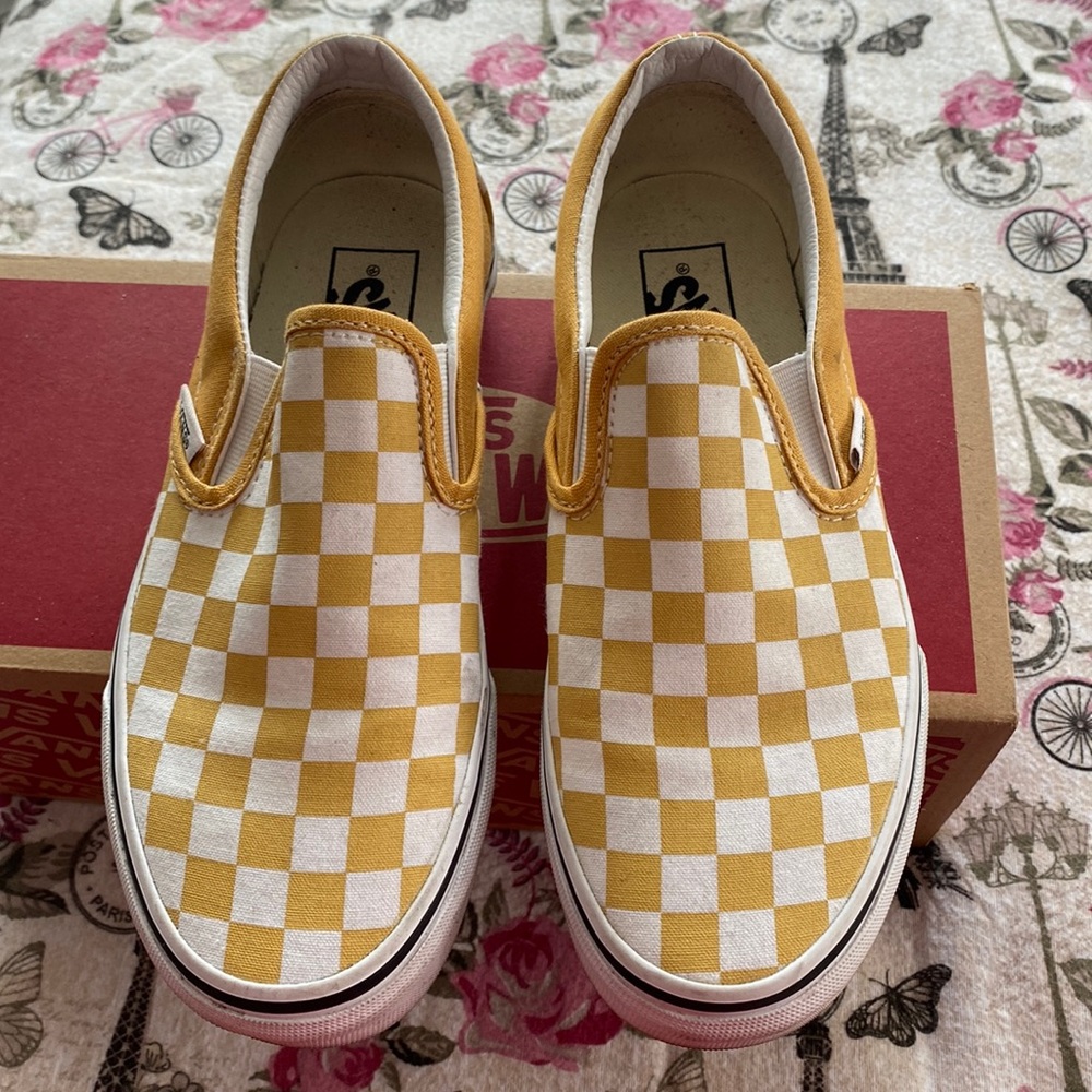 yellow checkered slip on vans